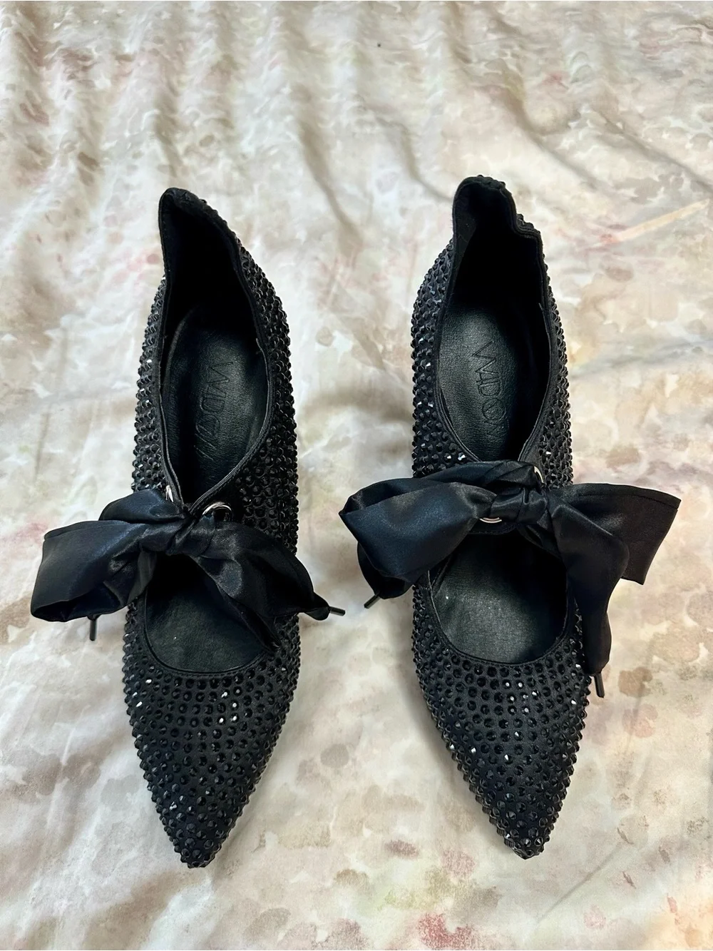 Dolls Kill Widow Black Crystal Platform Lace-Up Heels with Satin Bow